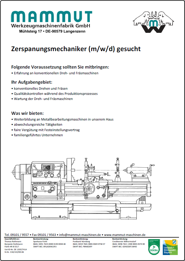 Stellenangebote Mammut Werkzeugmaschinenfabrik Gmbh